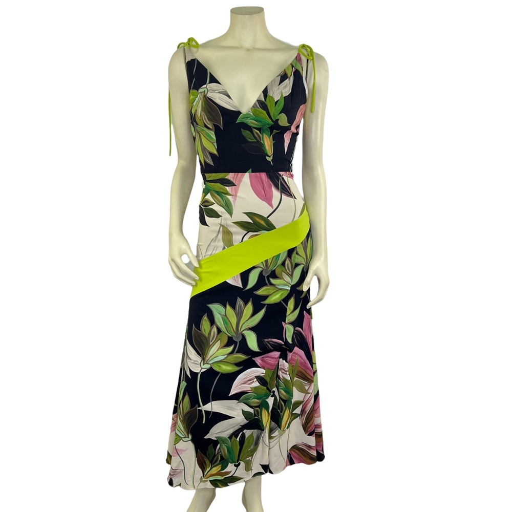 Christian Siriano Black Floral Midi Dress with Lime Accent